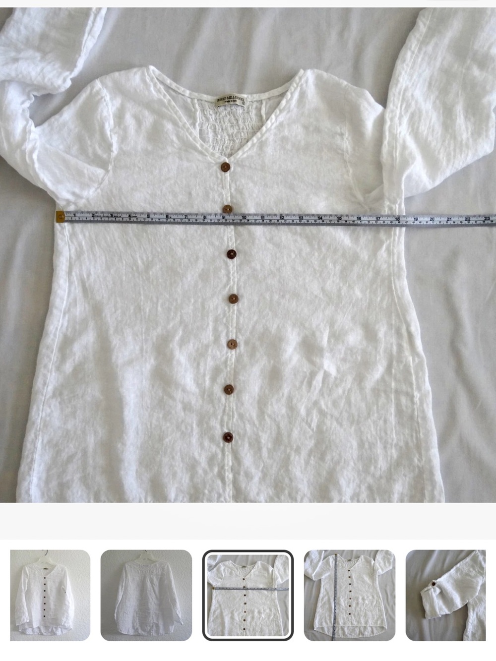 White Linen Button-Front Italy V-Neck Blouse small lagenlook - Picture 4 of 9